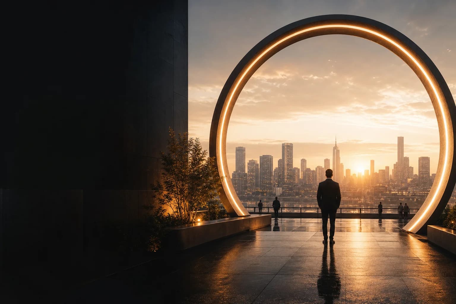 A person walking toward an illuminated orange circle in a future workplace