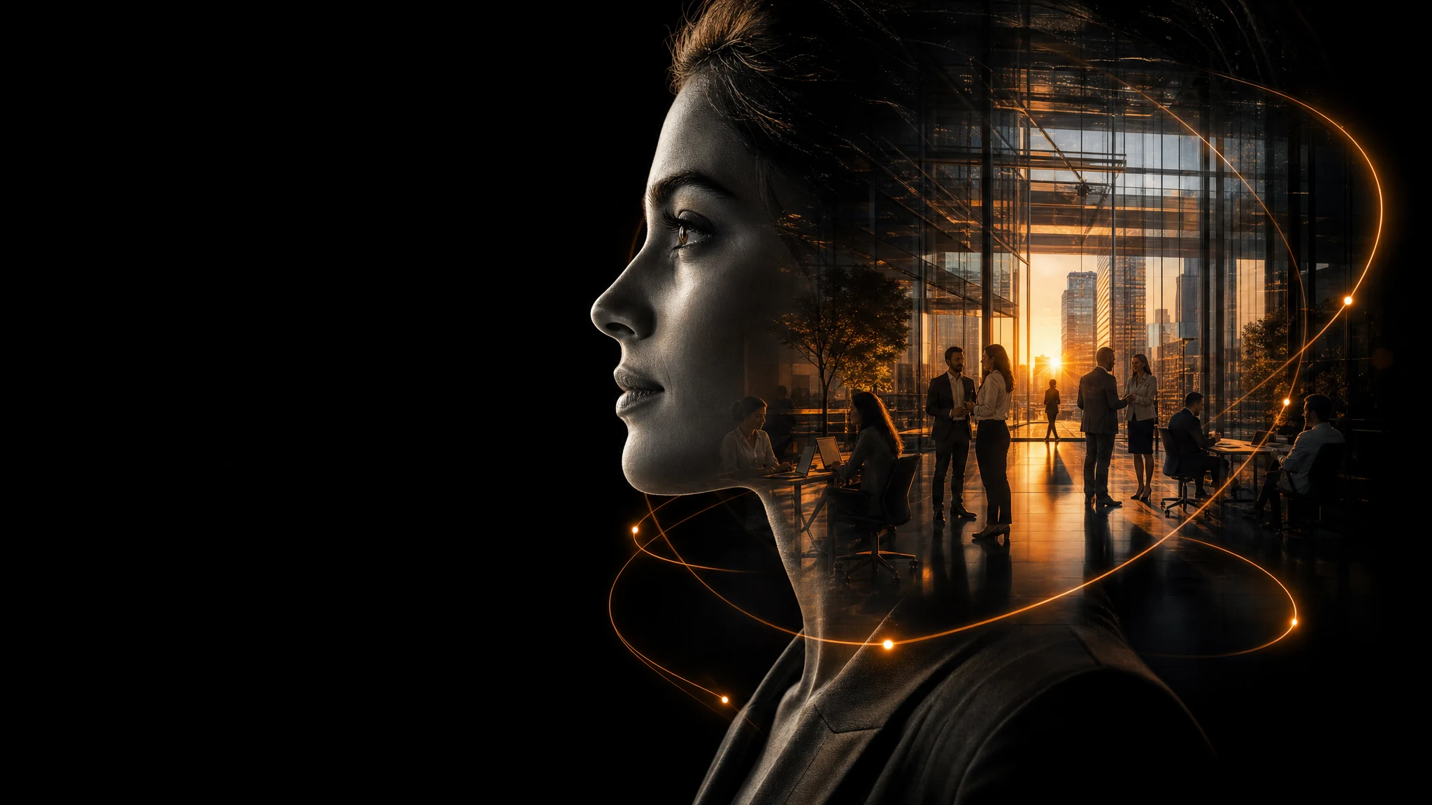 A woman’s profile connected with a sunlit workplace, representing people and workforce health intelligence