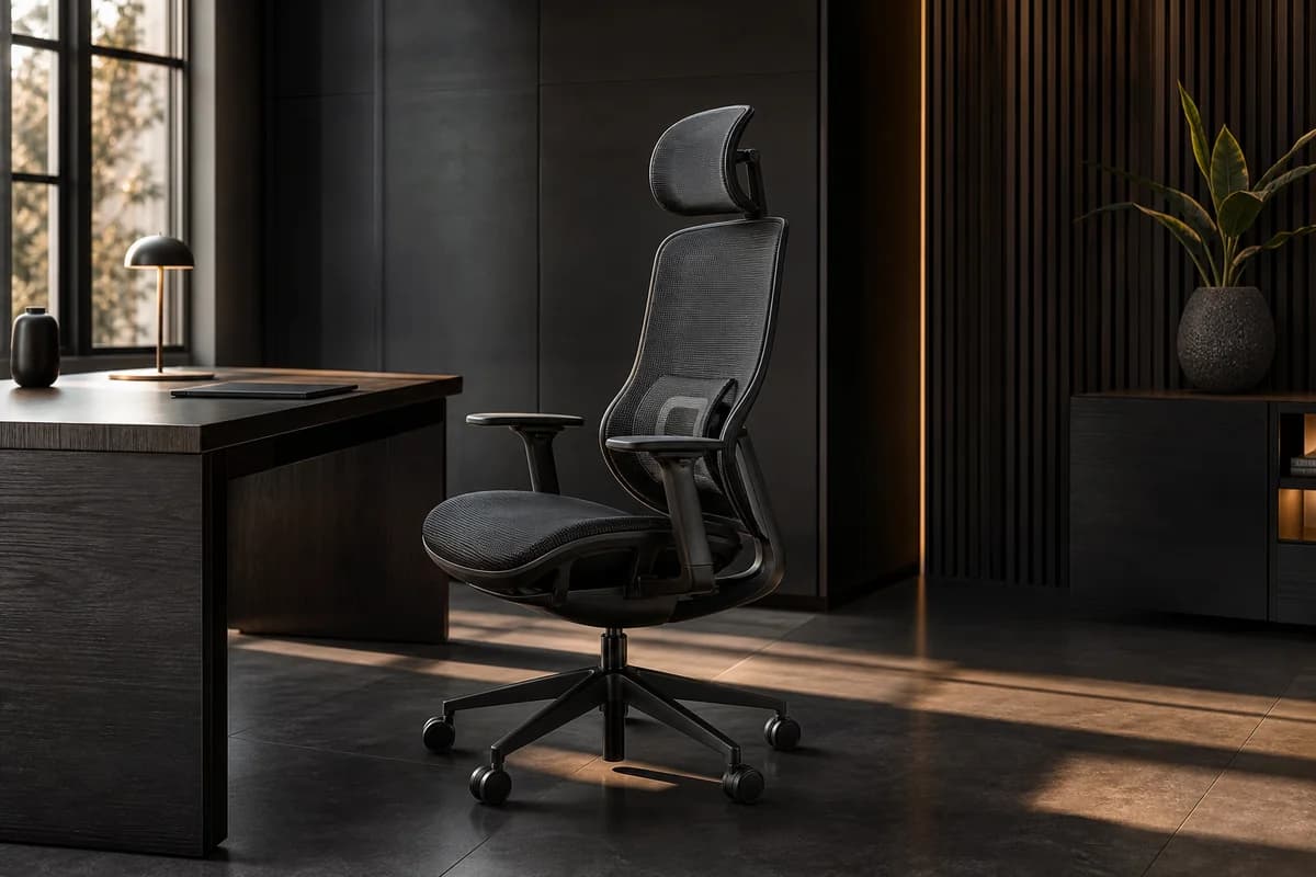 An ergonomic mesh chair beside a desk in a warmly lit office