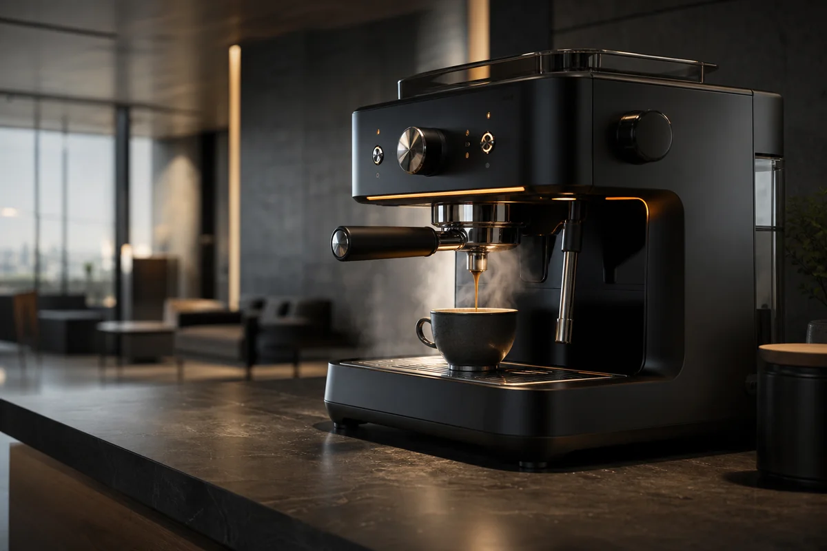 A black espresso machine brewing coffee in an office lounge