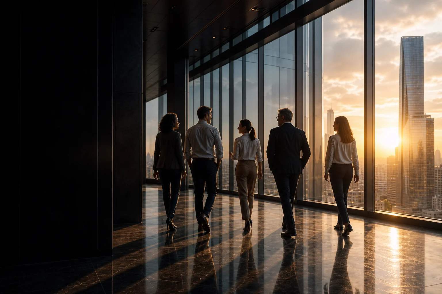 Colleagues walking through a contemporary workplace at sunset